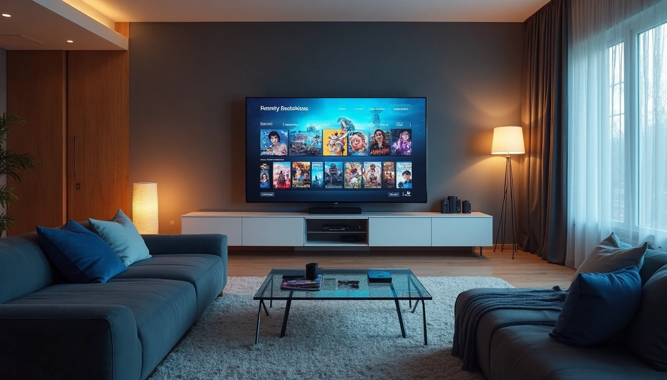 Modern living room with a large TV displaying an IPTV streaming interface and two sofas facing a glass coffee table.